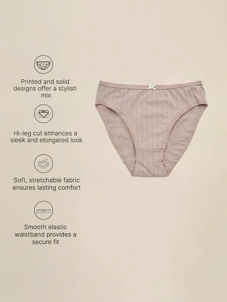 Wunderlove Taupe Floral Printed Cotton-Blend Hi-Leg Briefs - Pack of 3