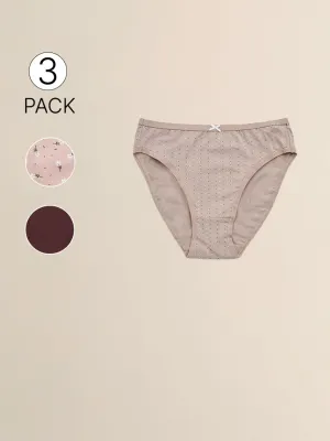 Wunderlove Taupe Floral Printed Cotton-Blend Hi-Leg Briefs - Pack of 3