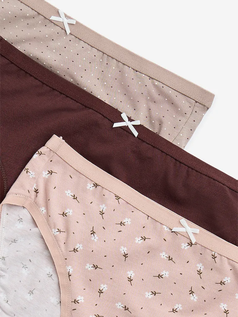 Wunderlove Taupe Floral Printed Cotton-Blend Hi-Leg Briefs - Pack of 3