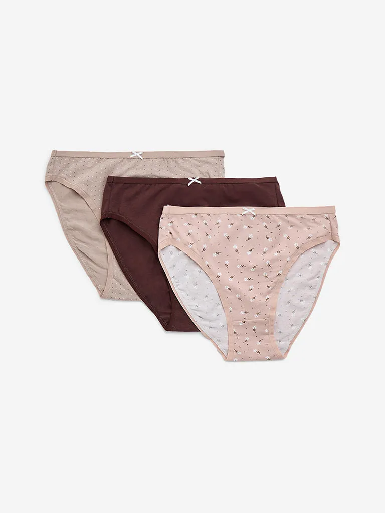 Wunderlove Taupe Floral Printed Cotton-Blend Hi-Leg Briefs - Pack of 3