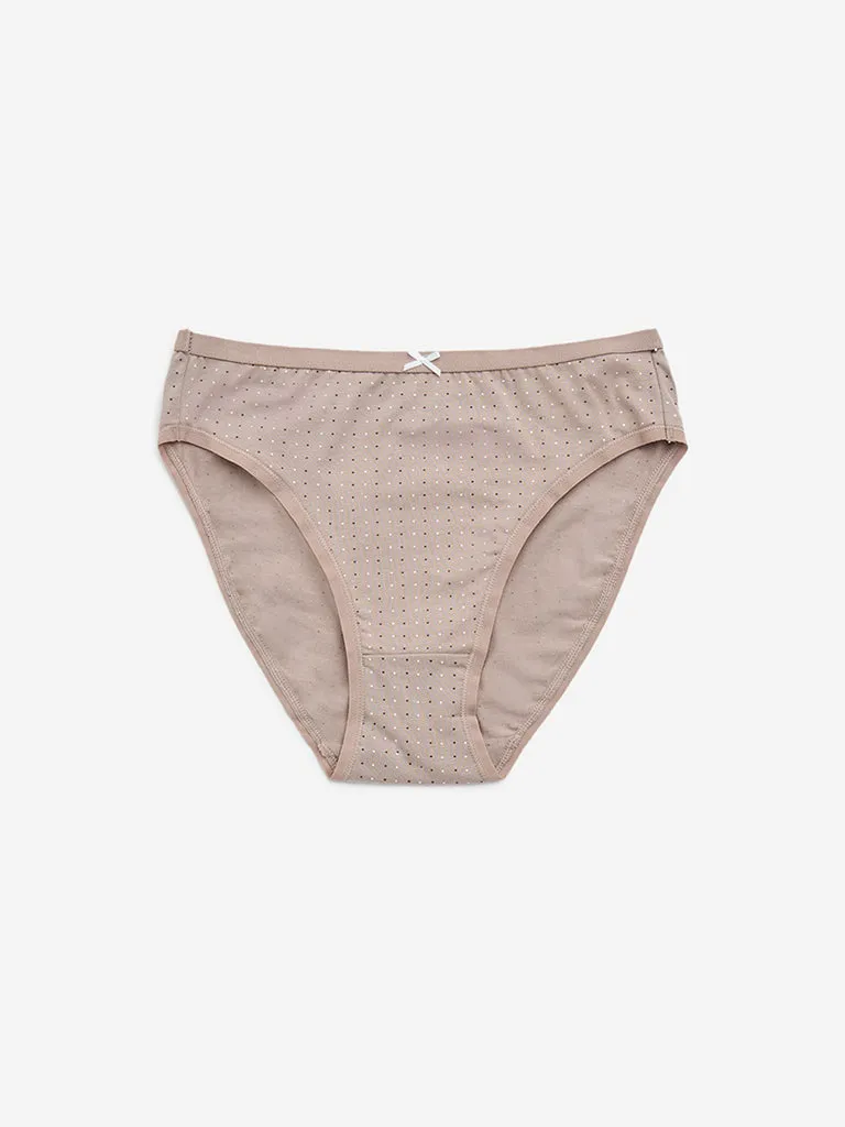 Wunderlove Taupe Floral Printed Cotton-Blend Hi-Leg Briefs - Pack of 3