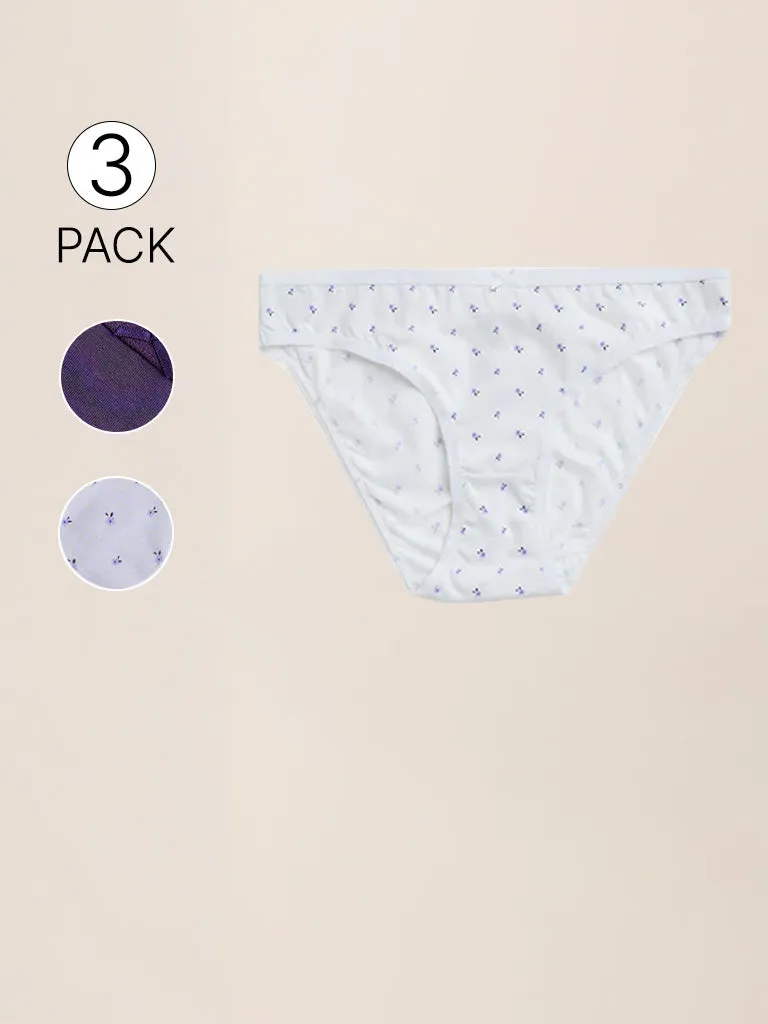 Wunderlove Violet Floral Printed Cotton Blend Bikini Briefs - Pack of 3