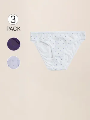 Wunderlove Violet Floral Printed Cotton Blend Bikini Briefs - Pack of 3