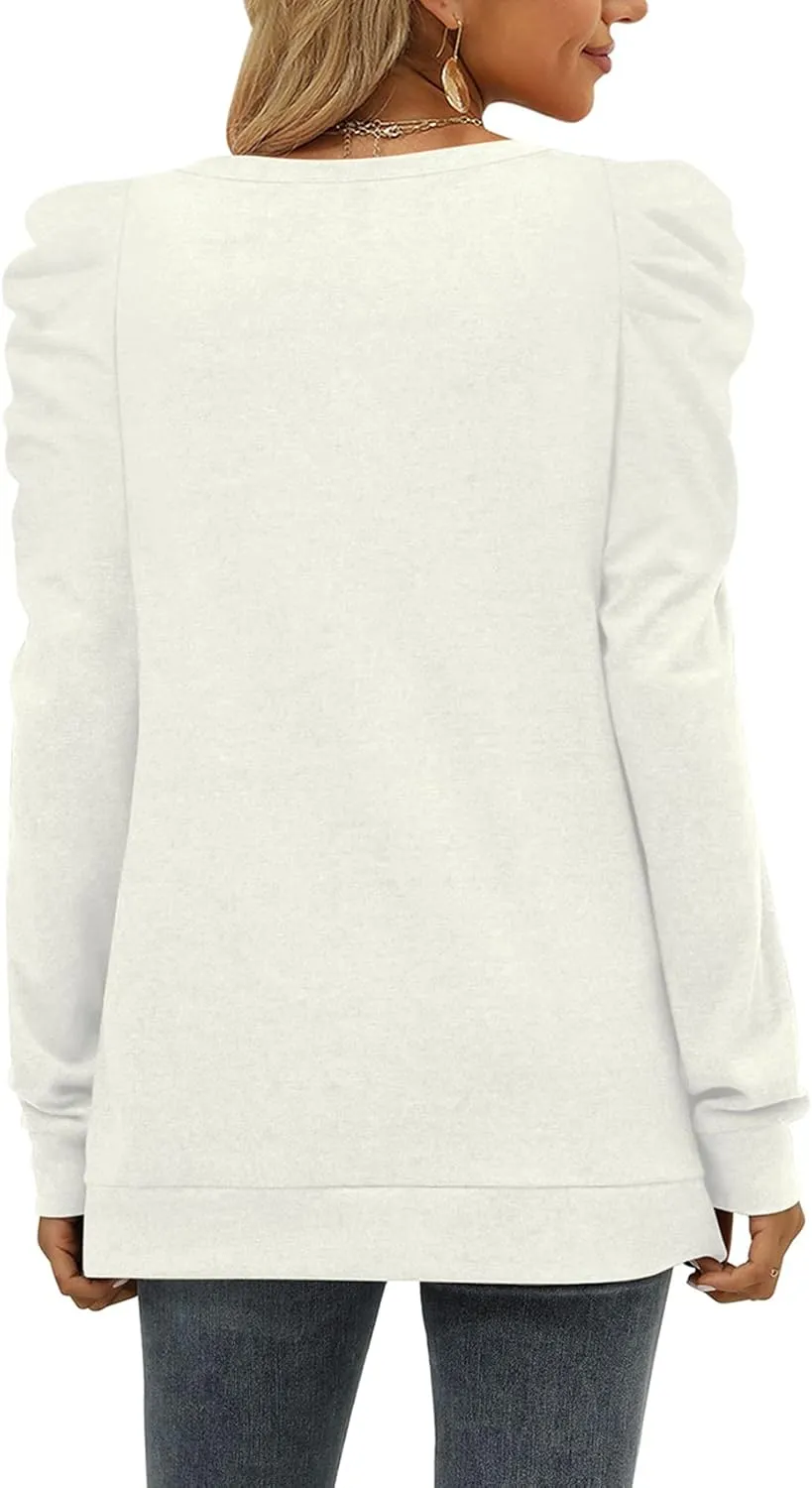 XIEERDUO Women's Crewneck Sweatshirts Trendy Puff Sleeve Tunic Sweaters Fall Clothes Loose Fit