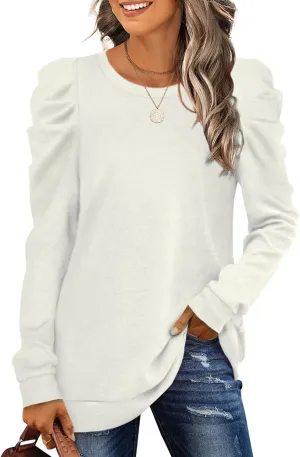 XIEERDUO Women's Crewneck Sweatshirts Trendy Puff Sleeve Tunic Sweaters Fall Clothes Loose Fit