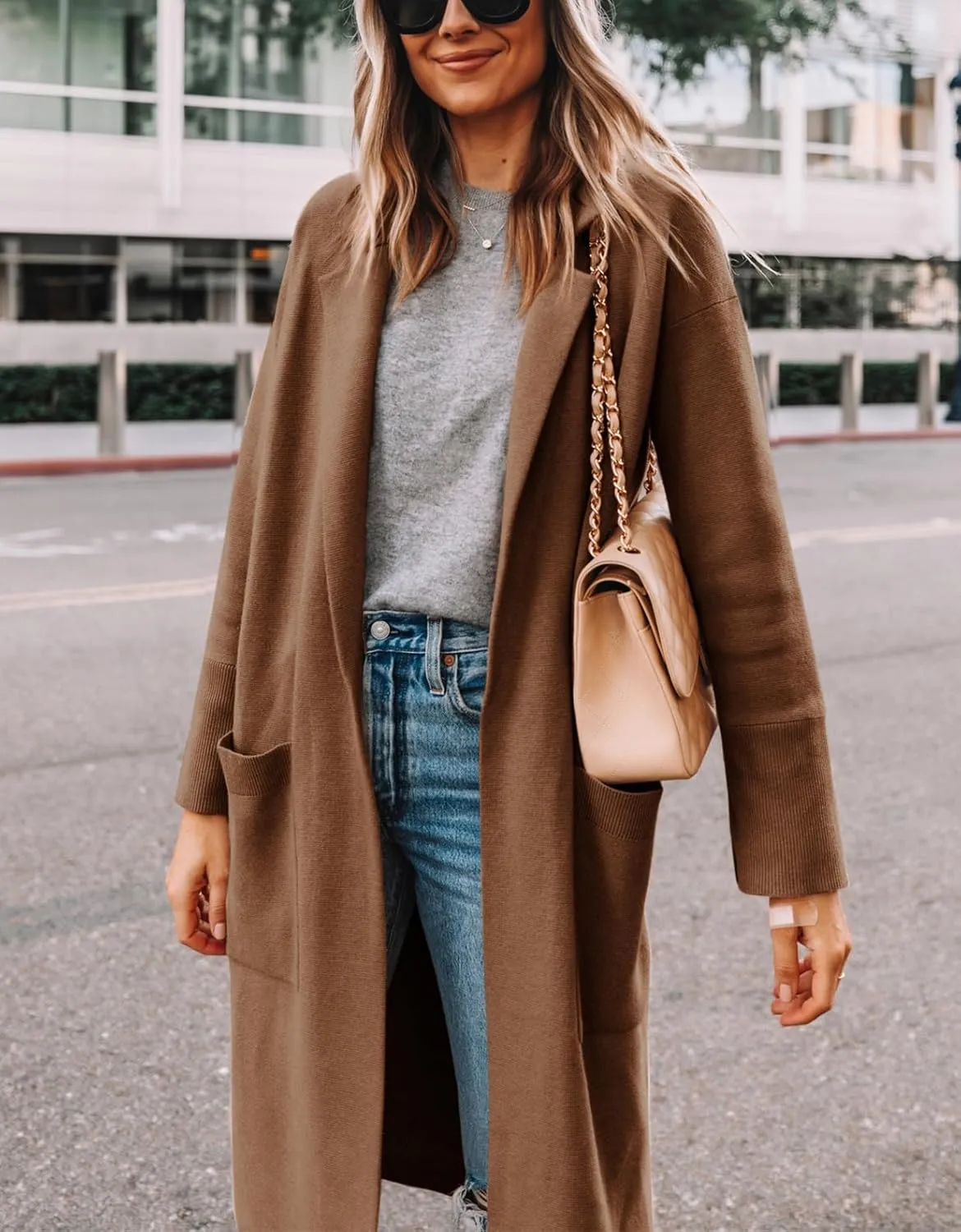Yousify Cardigan for Women 2024 Open Front Knit Fall Sweaters with Pockets Coatigan Lapel Blazer Coats