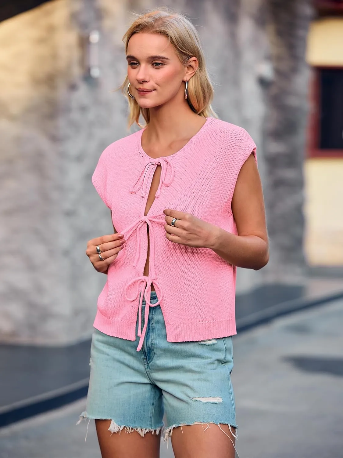 Yousify Open Front Tie Sweater Vest for Women Lightweight Summer Sleeveless Cardigan Tank Tops S-2XL