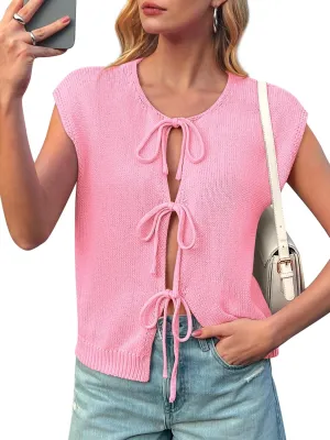 Yousify Open Front Tie Sweater Vest for Women Lightweight Summer Sleeveless Cardigan Tank Tops S-2XL
