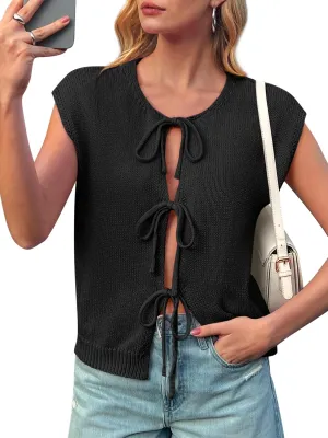 Yousify Open Front Tie Sweater Vest for Women Lightweight Summer Sleeveless Cardigan Tank Tops S-2XL