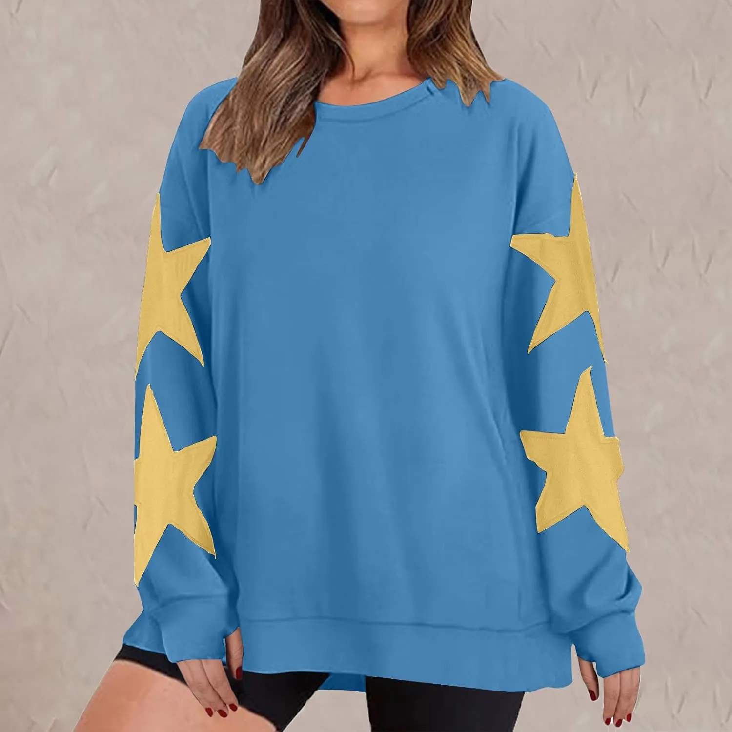 ZDRZK Women's Star Print Sweatshirts Thumb Hole Long Sleeve Crewneck Pullover 2024 Fall Fleece Casual Tops Trendy Y2k