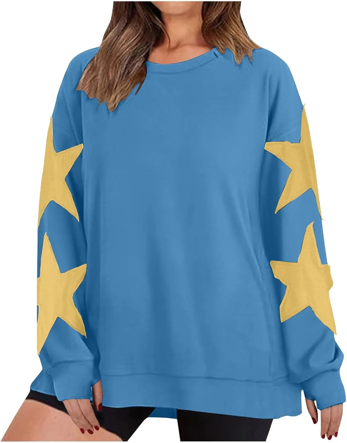 ZDRZK Women's Star Print Sweatshirts Thumb Hole Long Sleeve Crewneck Pullover 2024 Fall Fleece Casual Tops Trendy Y2k