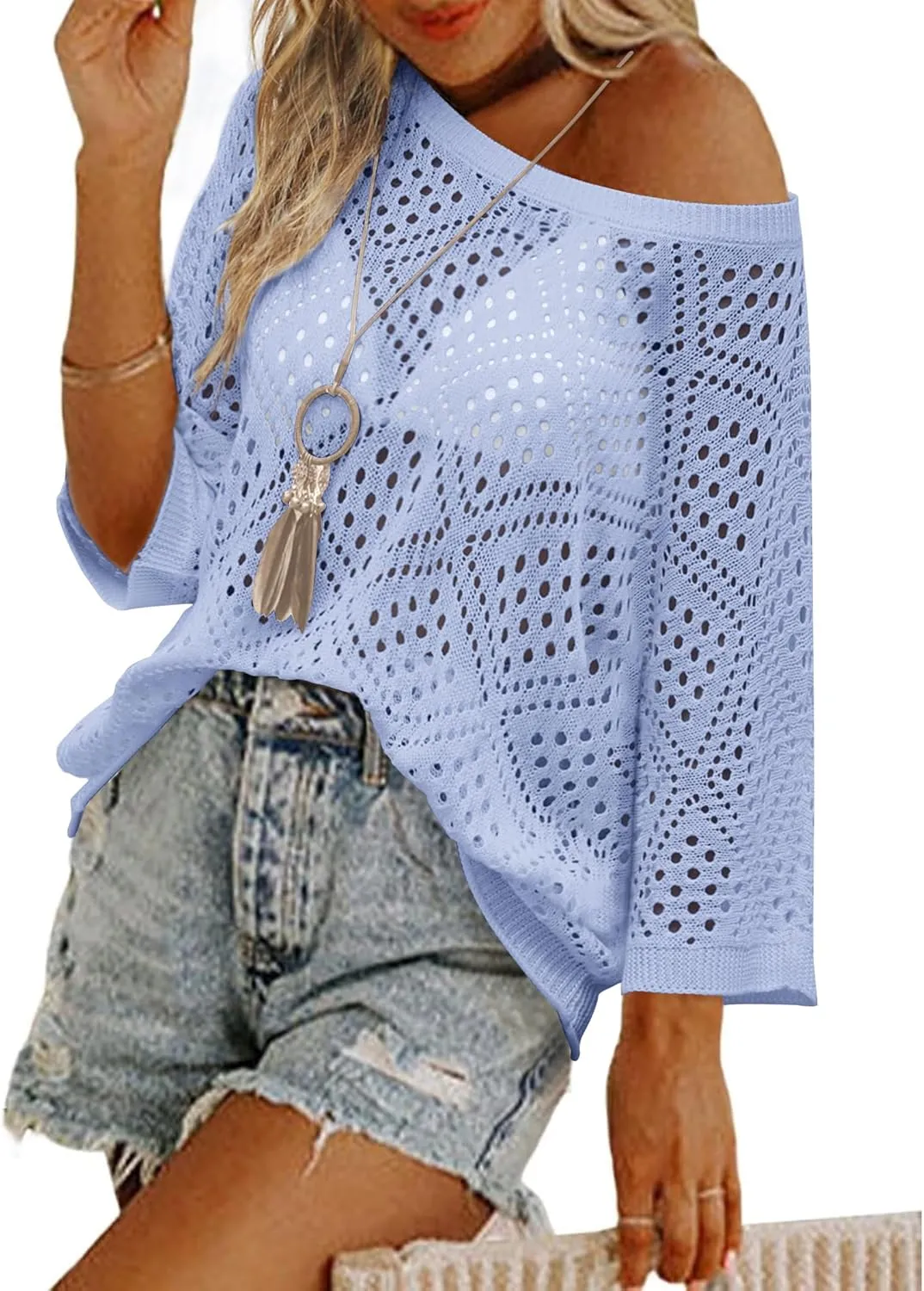 Zeagoo Women's 2025 Spring Summer Crochet Top Hollow Out 3/4 Sleeve Sweater Off Shoulder Beach Knit Coverup