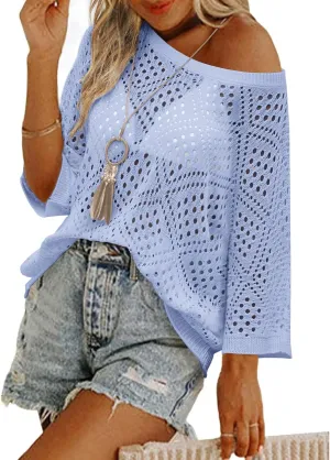 Zeagoo Women's 2025 Spring Summer Crochet Top Hollow Out 3/4 Sleeve Sweater Off Shoulder Beach Knit Coverup