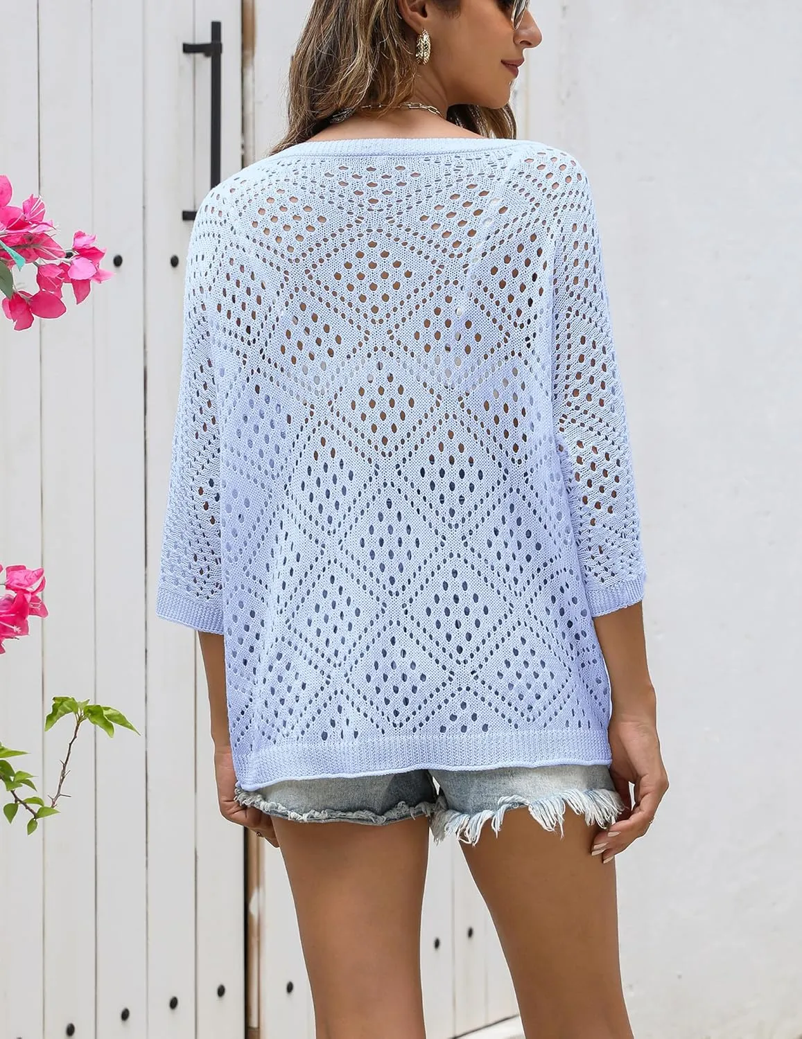 Zeagoo Women's 2025 Spring Summer Crochet Top Hollow Out 3/4 Sleeve Sweater Off Shoulder Beach Knit Coverup