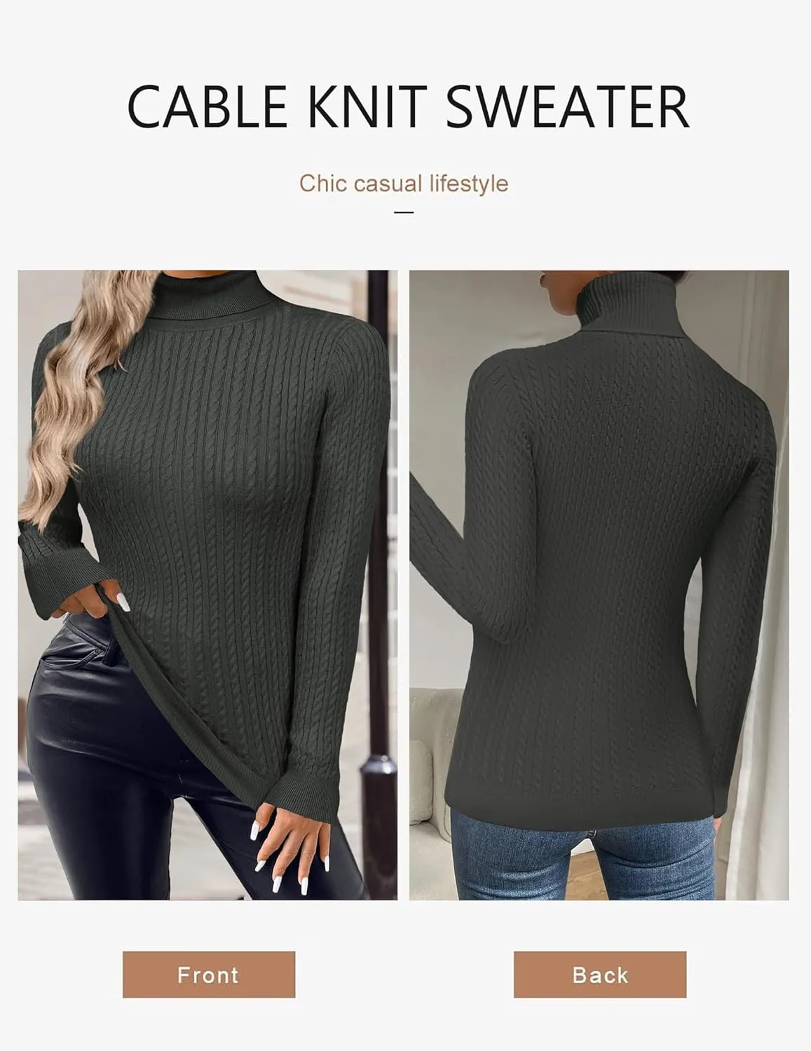 Zeagoo Womens Sweaters 2024 Turtleneck Cable Knit Long Sleeve Slim Fitted Basic Fall Tops