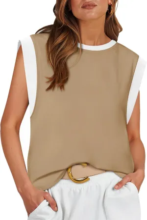 ZESICA Women's Cap Sleeve Tank Tops Loose Fit Summer Trendy Crewneck Colorblock Shirts