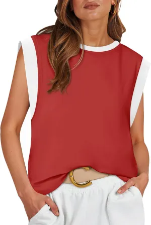 ZESICA Women's Cap Sleeve Tank Tops Loose Fit Summer Trendy Crewneck Colorblock Shirts