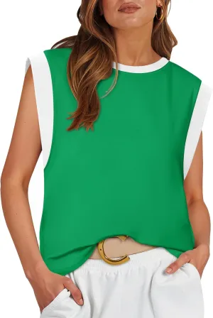 ZESICA Women's Cap Sleeve Tank Tops Loose Fit Summer Trendy Crewneck Colorblock Shirts