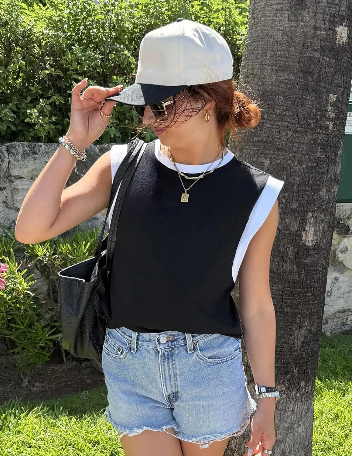 ZESICA Women's Cap Sleeve Tank Tops Loose Fit Summer Trendy Crewneck Colorblock Shirts