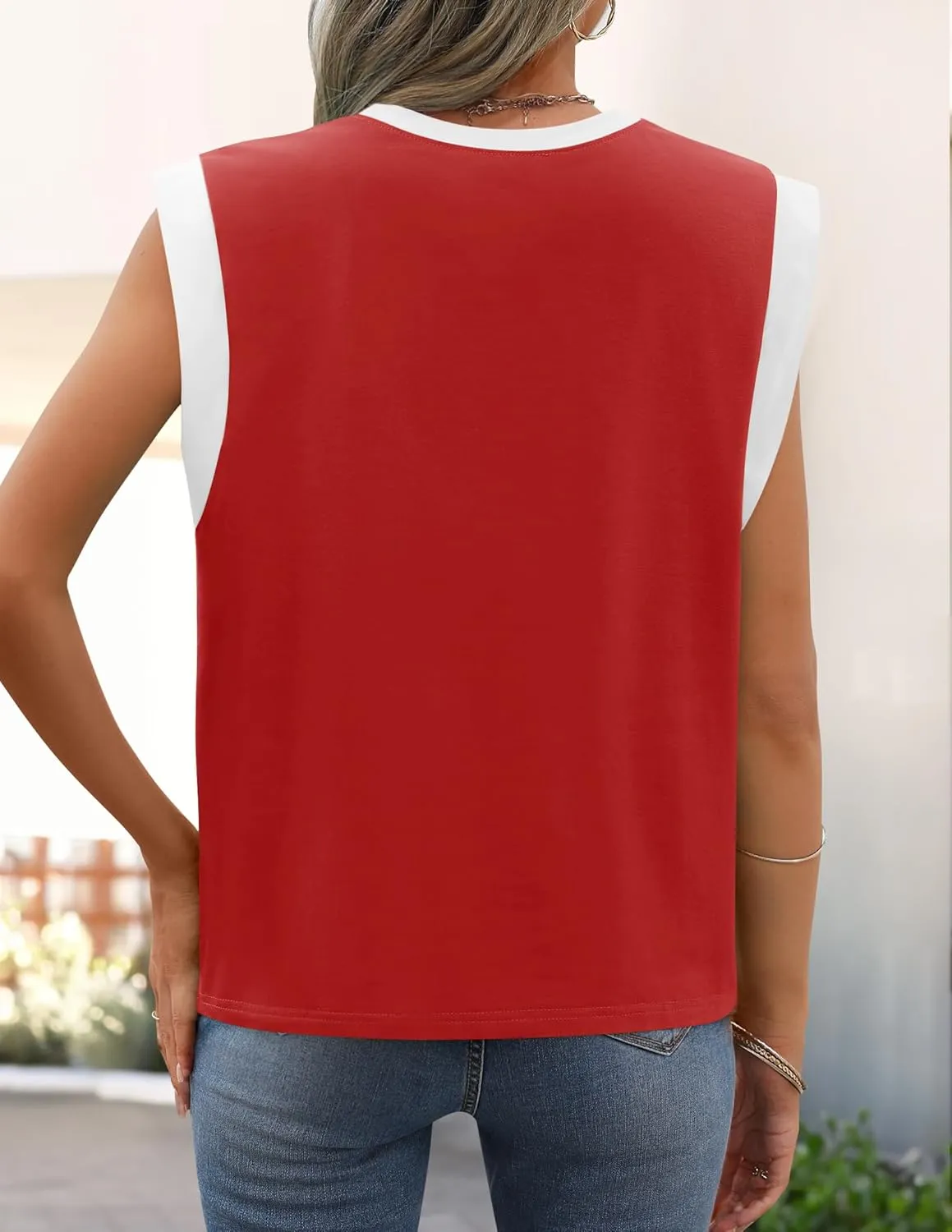 ZESICA Women's Cap Sleeve Tank Tops Loose Fit Summer Trendy Crewneck Colorblock Shirts