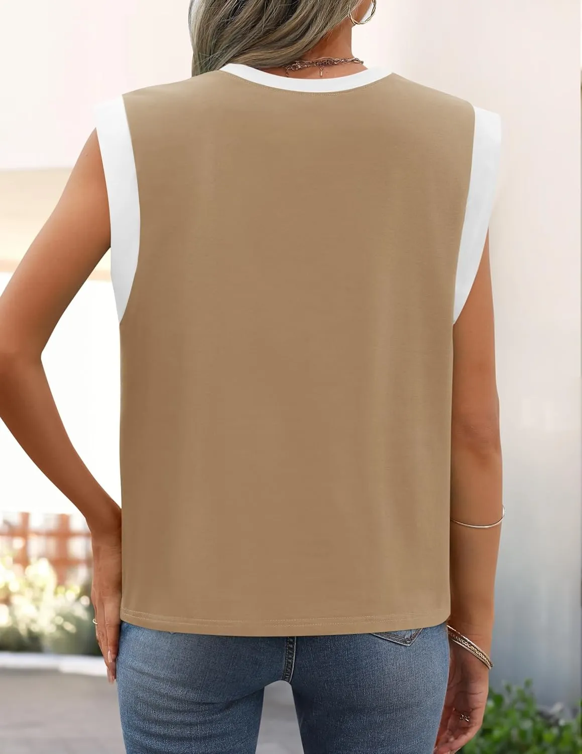 ZESICA Women's Cap Sleeve Tank Tops Loose Fit Summer Trendy Crewneck Colorblock Shirts