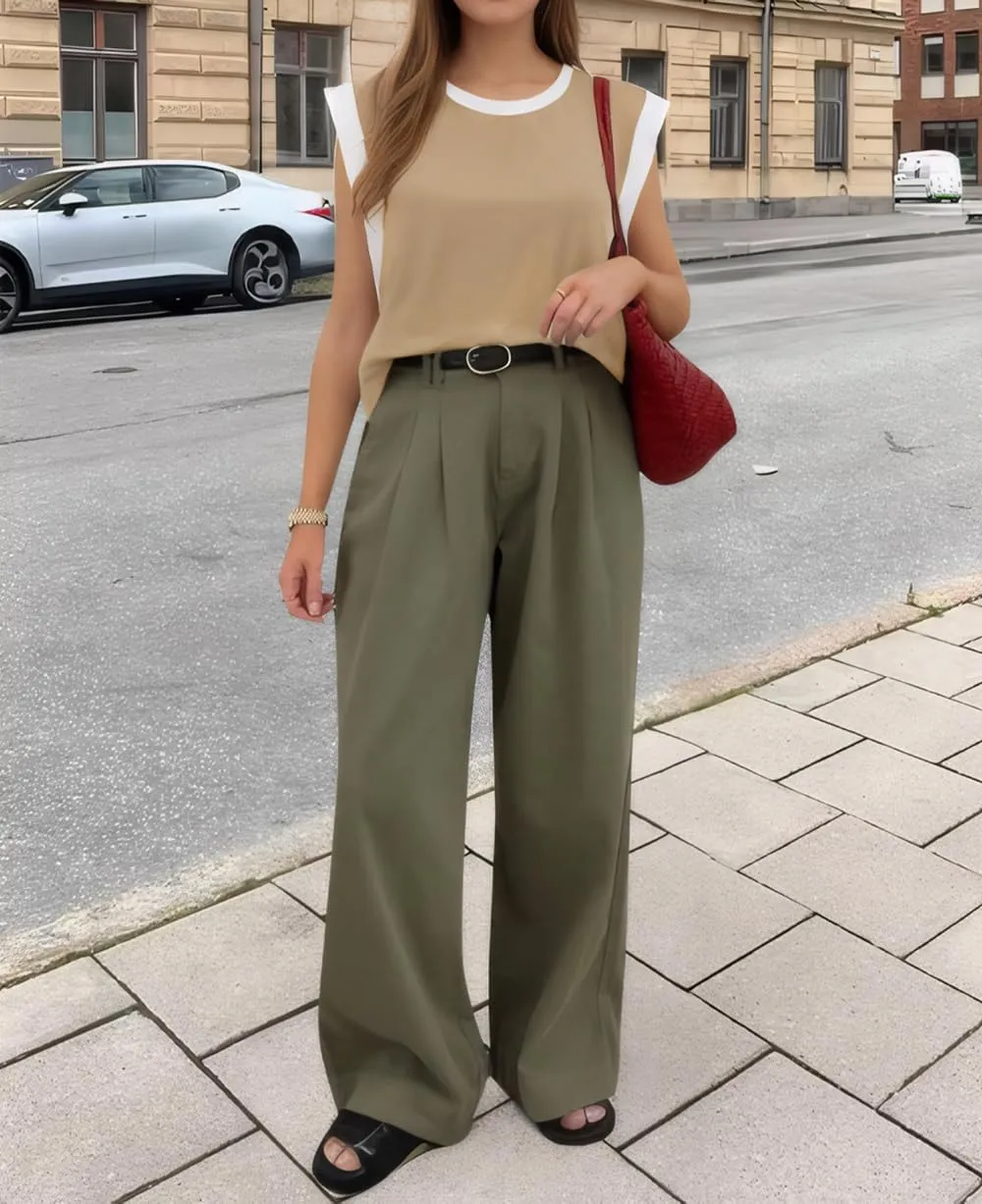 ZESICA Women's Cap Sleeve Tank Tops Loose Fit Summer Trendy Crewneck Colorblock Shirts