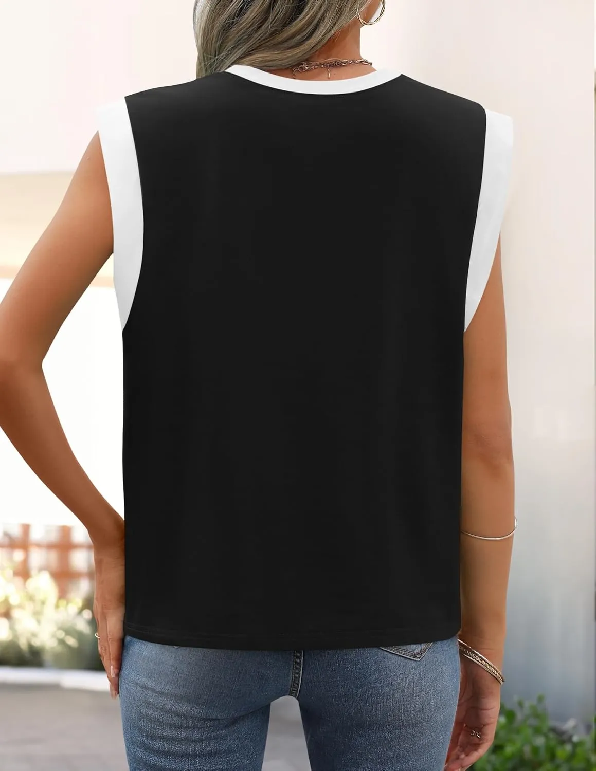 ZESICA Women's Cap Sleeve Tank Tops Loose Fit Summer Trendy Crewneck Colorblock Shirts