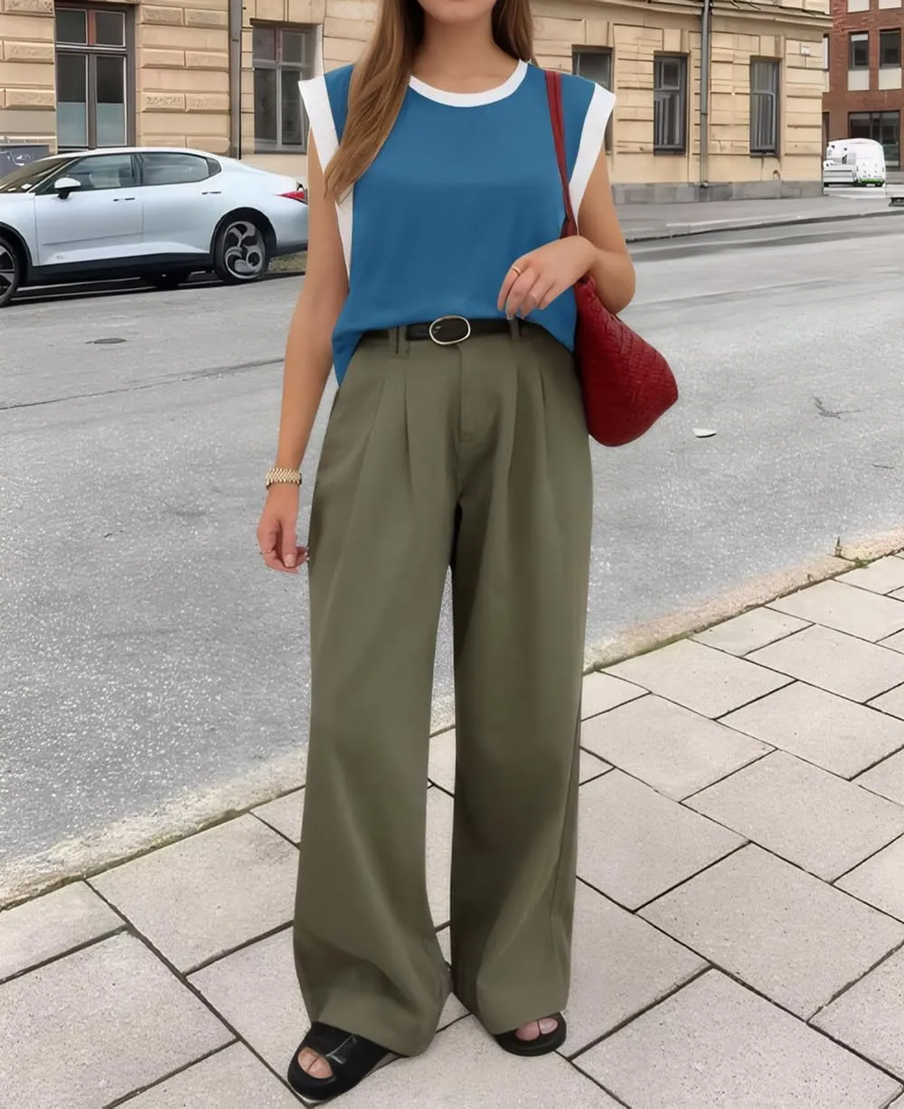 ZESICA Women's Cap Sleeve Tank Tops Loose Fit Summer Trendy Crewneck Colorblock Shirts