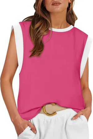 ZESICA Women's Cap Sleeve Tank Tops Loose Fit Summer Trendy Crewneck Colorblock Shirts