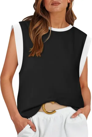 ZESICA Women's Cap Sleeve Tank Tops Loose Fit Summer Trendy Crewneck Colorblock Shirts