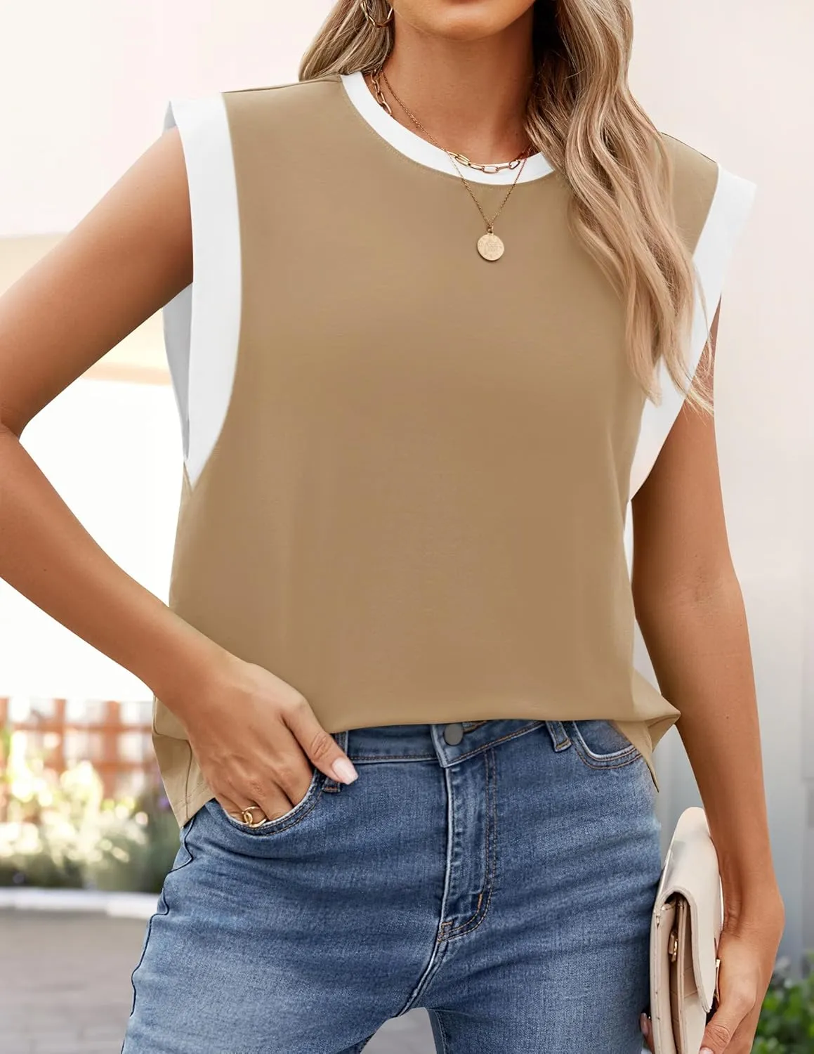 ZESICA Women's Cap Sleeve Tank Tops Loose Fit Summer Trendy Crewneck Colorblock Shirts