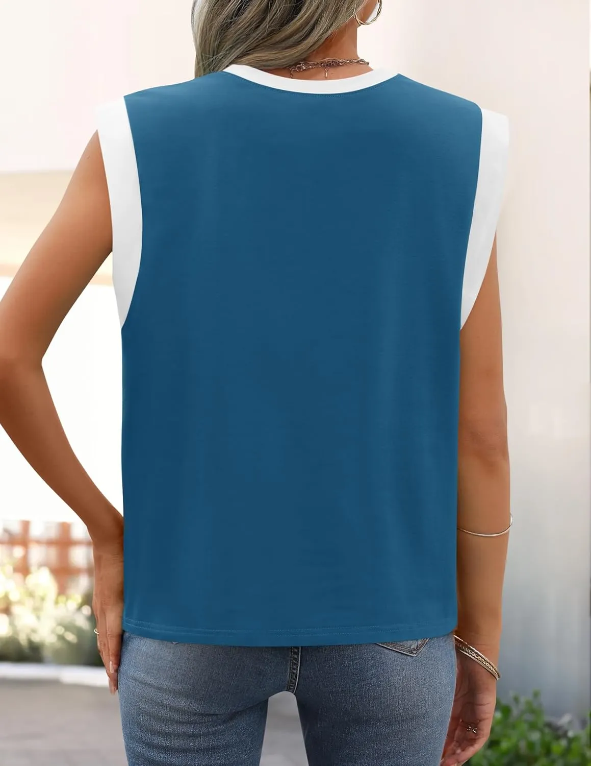 ZESICA Women's Cap Sleeve Tank Tops Loose Fit Summer Trendy Crewneck Colorblock Shirts