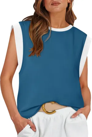 ZESICA Women's Cap Sleeve Tank Tops Loose Fit Summer Trendy Crewneck Colorblock Shirts