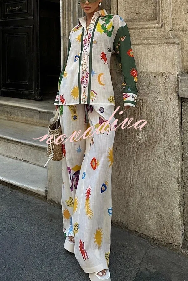 Zoie Linen Blend Unique Print Long Sleeve Loose Shirt and Elastic Waist Pocketed Pants Set