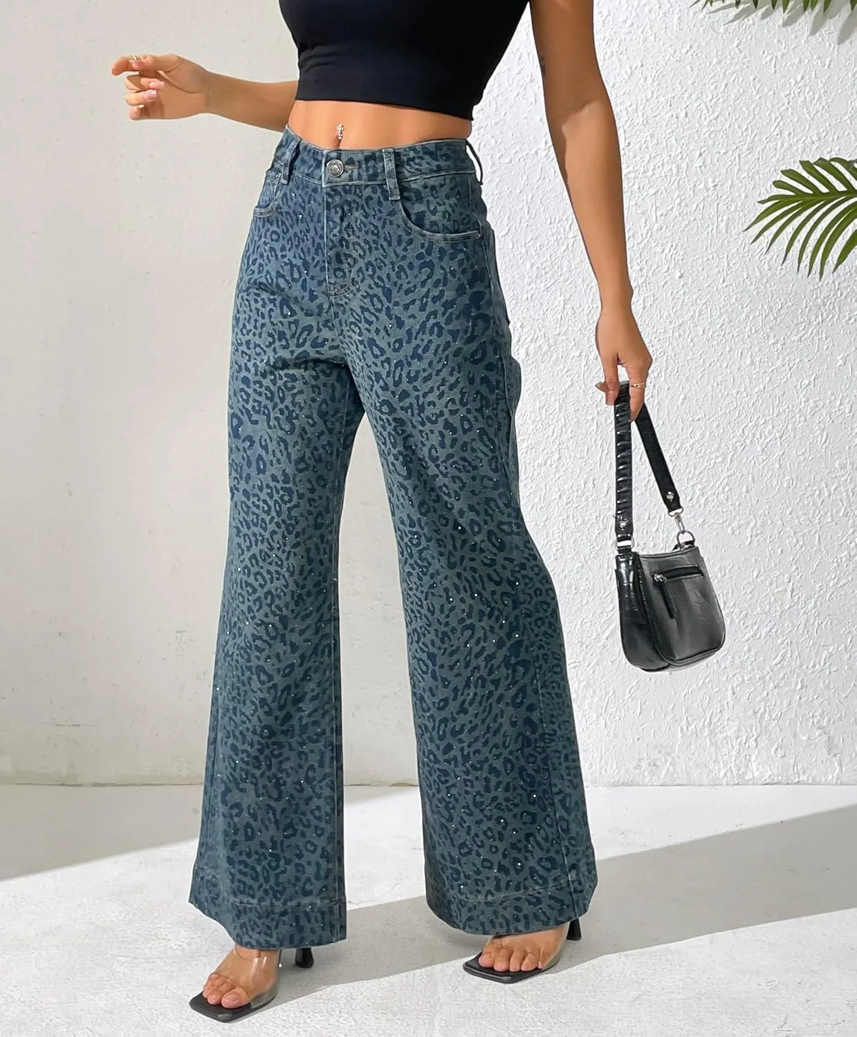 zsangbee Women's Leopard Print Rhinestone Jeans Flare Wide Leg Pants High Waist Stretch Denim Trouser Trendy Jean