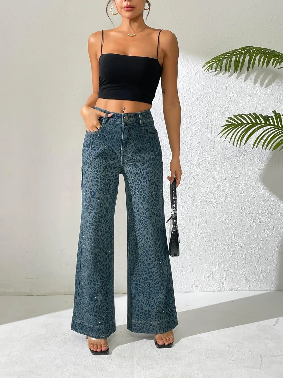 zsangbee Women's Leopard Print Rhinestone Jeans Flare Wide Leg Pants High Waist Stretch Denim Trouser Trendy Jean