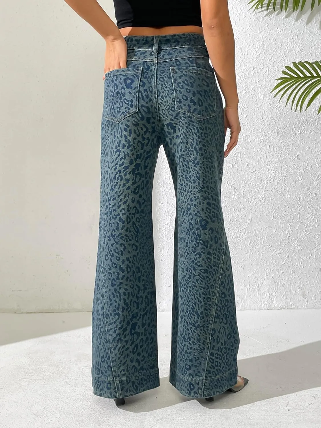 zsangbee Women's Leopard Print Rhinestone Jeans Flare Wide Leg Pants High Waist Stretch Denim Trouser Trendy Jean