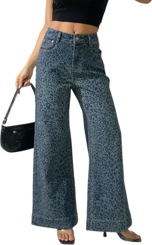 zsangbee Women's Leopard Print Rhinestone Jeans Flare Wide Leg Pants High Waist Stretch Denim Trouser Trendy Jean
