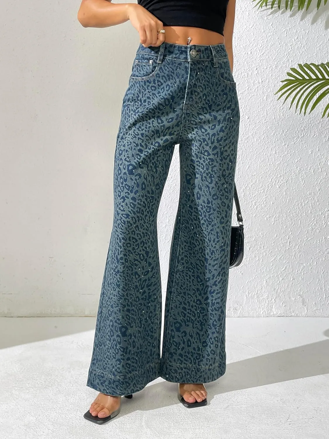 zsangbee Women's Leopard Print Rhinestone Jeans Flare Wide Leg Pants High Waist Stretch Denim Trouser Trendy Jean