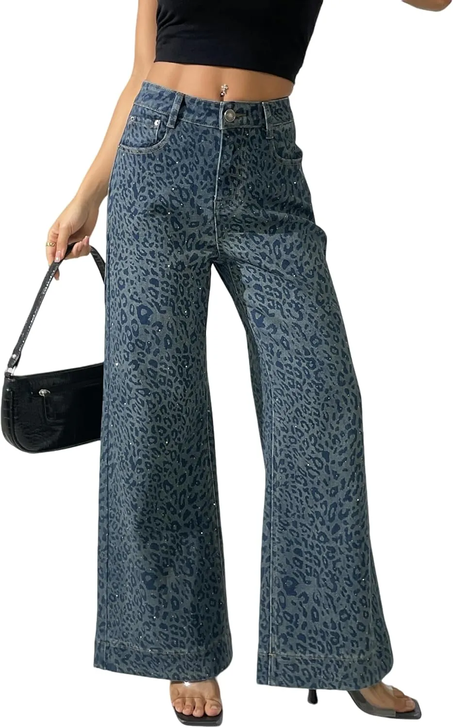 zsangbee Women's Leopard Print Rhinestone Jeans Flare Wide Leg Pants High Waist Stretch Denim Trouser Trendy Jean